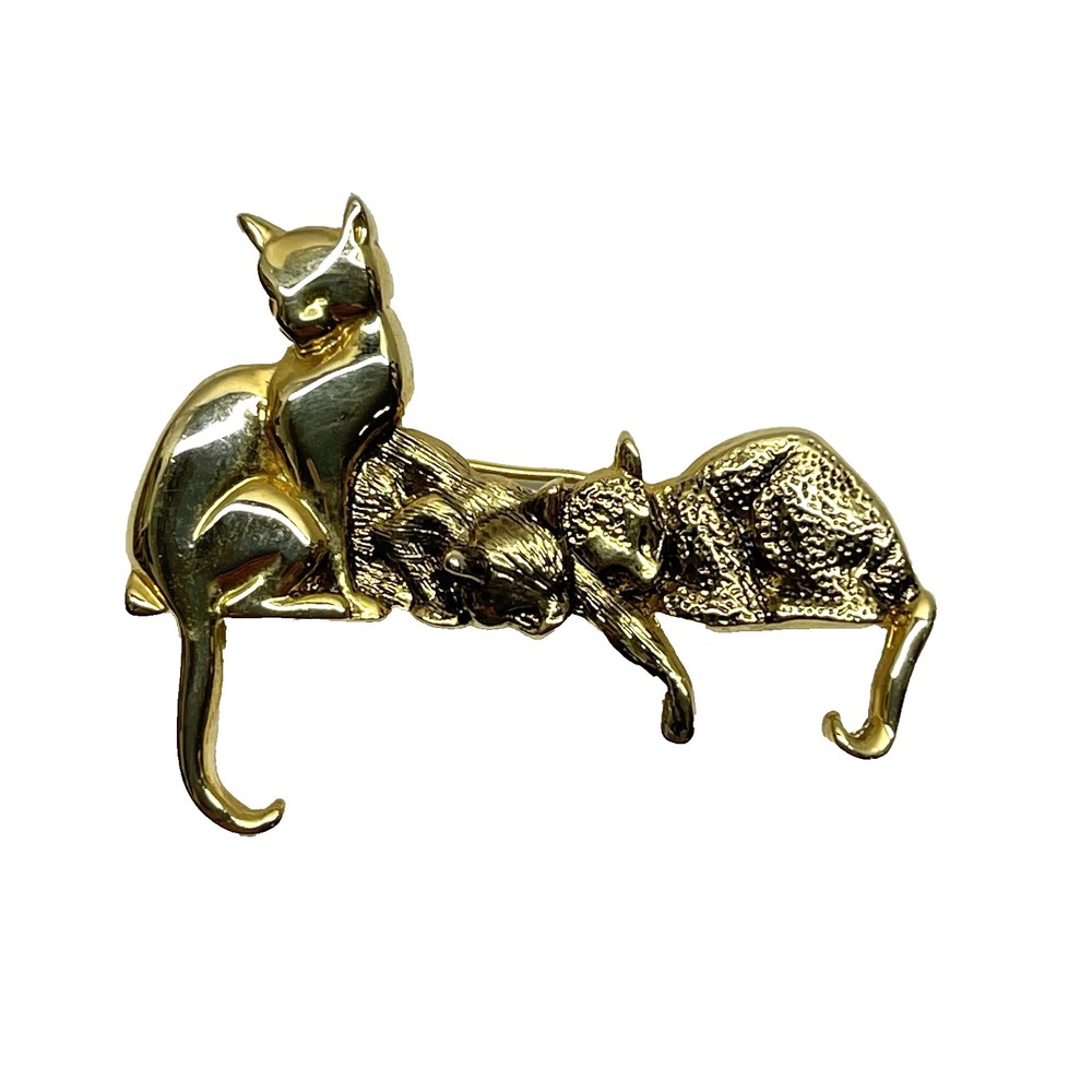 Vintage Museum of Fine Arts MFA Angel Jewelry Gold Plated Three Cats Pin Brooch